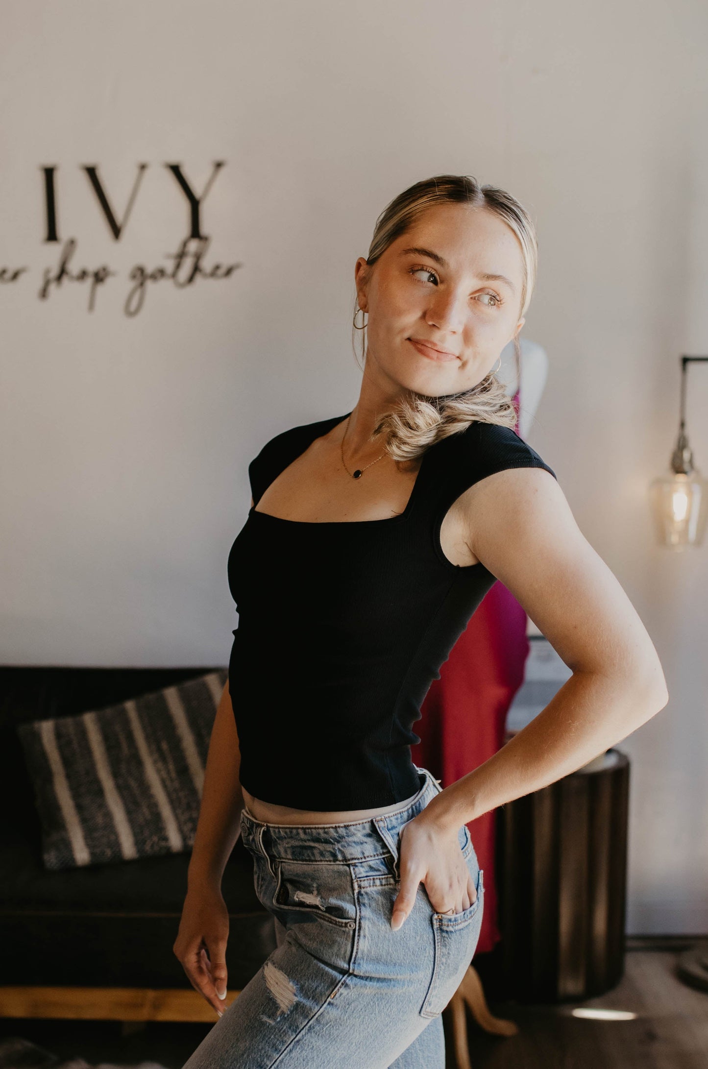 Square Neck Ribbed Knit Top